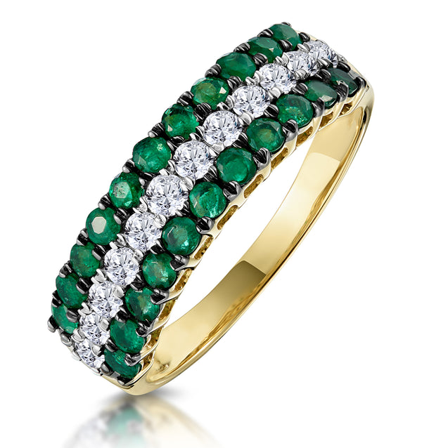 Emerald and Lab Diamond Triple Row Asteria Eternity Ring in 9K Gold